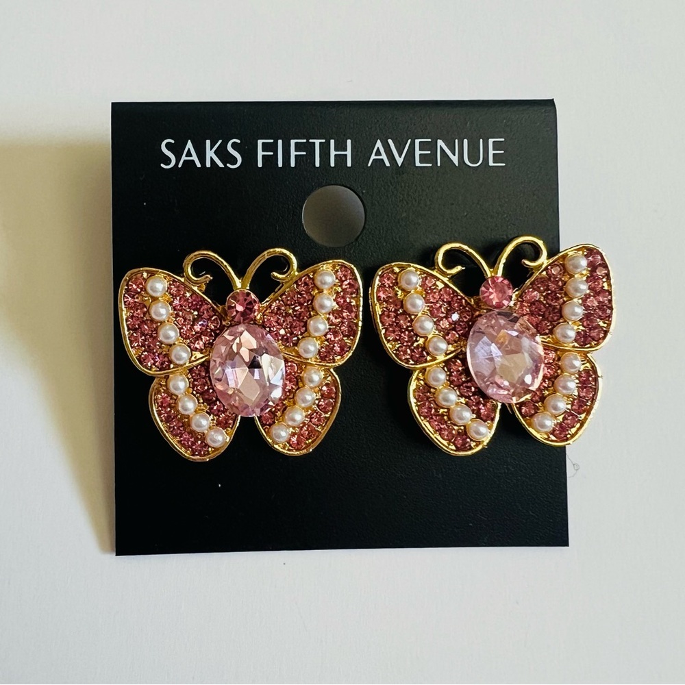 NEW Saks Fifth Avenue Pink & Gold Tone Butterfly Earrings🦋💕